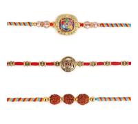 Dugan Rudraksha Rakhi for Brother Set of 3 Rakhi Set with Rakhi Greeting Card Roli Chawal Packet - Raksha bandhan Traditional Pearl Rakhi Bracelet for Brother Rakhi for Bhaiya - GMRK016