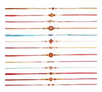 Dugan Set of 12 Rakhi Set with Rakhi Greeting Card Roli Chawal Packet - Raksha bandhan Rudraksha Rakhi Bracelet for Brother Om Ganesha Rakhi for Bhaiya - GMRK015