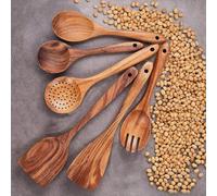 DUGAN Wood Kitchen Utensils Set | 6 Pcs Natural Acacia Wooden Spoons & Spatulas for Cooking | Non-Stick Safe Utensil Set with Soup Ladle, Wok Spatula, Salad Fork & Spurtles