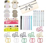DUGYIRS 12 Pieces Creative Cat Gel Ink Pens 360 Sheets Cute Cat Sticky Notes 60 Pieces Cat Paper Clips Bookmark Clips and a White Cat Stationery Bag for Home Office School Cat Lover Kids Gifts