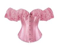 DUHENWU Corset Top Women with Sleeves Off The Shoulder Lace Up Boned Overbust Corset Lace Floral Lace Up Boned Overbust Corset Waist Wrapped Lingerie Cincher Sexy Costumes Pink