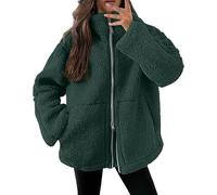 DUHENWU Fleece Jacket Women's Warm Double-Cut Velvet Jacket Thick Leisure Jacket Zip Lapel Teddy Jacket Solid Colour Fleece Jacket with Pockets Zipper Winter Coat Green