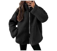 DUHENWU Fleece Jacket Women's Warm Double-Cut Velvet Jacket Thick Leisure Jacket Zip Lapel Teddy Jacket Solid Colour Fleece Jacket with Pockets Zipper Winter Coat Black