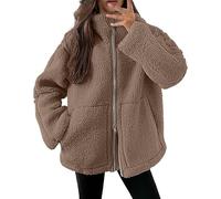 DUHENWU Fleece Jacket Women's Warm Double-Cut Velvet Jacket Thick Leisure Jacket Zip Lapel Teddy Jacket Solid Colour Fleece Jacket with Pockets Zipper Winter Coat Brown