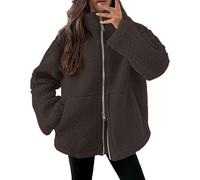 DUHENWU Fleece Jacket Women's Warm Double-Cut Velvet Jacket Thick Leisure Jacket Zip Lapel Teddy Jacket Solid Colour Fleece Jacket with Pockets Zipper Winter Coat Coffee