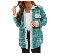 DUHENWU Fleece Lined Plaid Jacket Women Winter Tartan Jacket Lapel Button Down Fall Winter Plush Coats Ladies Fluffy Fuzzy Shirt Patchwork Long Sleeve Overshirt Outwear Green