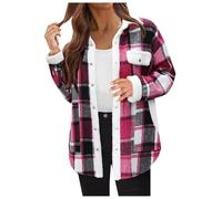 DUHENWU Fleece Lined Plaid Jacket Women Winter Tartan Jacket Lapel Button Down Fall Winter Plush Coats Ladies Fluffy Fuzzy Shirt Patchwork Long Sleeve Overshirt Outwear Red