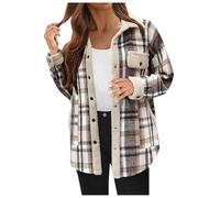 DUHENWU Fleece Lined Plaid Jacket Women Winter Tartan Jacket Lapel Button Down Fall Winter Plush Coats Ladies Fluffy Fuzzy Shirt Patchwork Long Sleeve Overshirt Outwear Beige