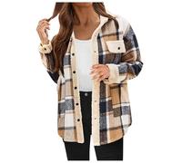 DUHENWU Fleece Lined Plaid Jacket Women Winter Tartan Jacket Lapel Button Down Fall Winter Plush Coats Ladies Fluffy Fuzzy Shirt Patchwork Long Sleeve Overshirt Outwear Brown