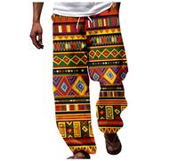 DUHENWU Harem Trousers Men's Baggy Leisure Trousers Breathable Beach Trousers Wide Legs Hippies Trousers with African Ethnic Print Casual Hawaiian Trousers Lightweight Elastic Holiday Trousers