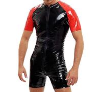 DUHENWU Men Sexy Leather T-Shirt Faux Leather Vest Undershirt Wet Look Sleeveless Tank Top Patent Leather PVC Jumpsuit with Long Zip Sexy One-Piece Suits