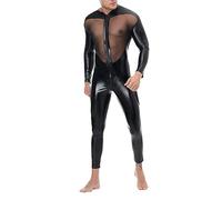 DUHENWU Men's Sexy Latex Lace Net yarn stitching Catsuit Full Body Bodysuit Wet Look Zipper Jumpsuit Patent Leather Jumpsuit Clubwear Nightclub Stage Clothing Black