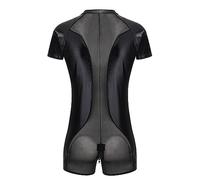 DUHENWU Mens Wet Look Patent Leather Short Sleeve Bodysuit Mesh Splice Zipper Catsuit Bodysuit Front Zipper Leotard Bodysuit Catsuit Clubwear Stage Party Jumpsuit Clubwear Stage Party Costume