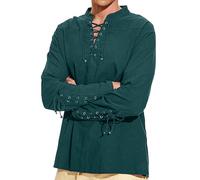 DUHENWU Tunic Medieval Men's Long Sleeve Hippie Shirt Carnival Costume Lace-up Shirt Medieval Shirts Retro Pirate Shirt Cotton Gothic Lacing Renaissance Victorian Viking Costume Linen Shirt, Green, XL