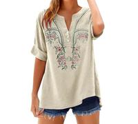 DUHGBNE Blouses for Women UK Cotton Linen Boho Tops for Women Plus Size 3/4 Sleeve V Neck Embroidered T-Shirts Fashion Elegant Ladies Tshirts Casual Crop Tops