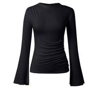 DUHGBNE Blue Long Sleeve Top Women's Long Sleeve Shirts 2025 Fall Going Out Tops Casual Boat Neck Bell Ribbed Ruched Clothes Workout Shirts Womens Jumpers Size 29 Womens Tops Size 502 UK