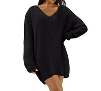 DUHGBNE Knitted Skirts for Women UK Knit Dresses for Women UK V Neck Long Sleeve Loose Fit Pullover Jumper Fashion Knitted Midi Solid Color Sweaters Sexy Jumper Knitting Patterns Dress Long Black