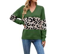 DUHGBNE Ladies Jumper Women's Autumn and Winter New V Neck Personalized Fashionable Patchwork Leopard Print Knit Shoulder Sweater Pullover Plus Size Jumpers for Women Green