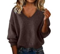 DUHGBNE Ladies Jumpers European and American Solid Color Loose Ladies Sweater Spring and Autumn One Word Shoulder Exposed Shoulder Hood Sweater Asymmetric Jumpers Coffee