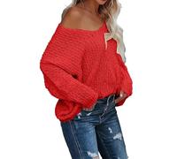 DUHGBNE Ladies Jumpers UK Women's Off The Shoulder Sweater Loose Lightweight Pullover Top V Neck Hollow Knitted Long Sleeved Solid Color Autumn W ski Jumper Women Red