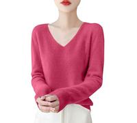 DUHGBNE Ladies Longline Winter Jumpers Women's Autumn and Winter New Line Pure Wool V Neck Solid Color Pullover Knitted Base Sweater Oversized Womens Jumpers Hot Pink