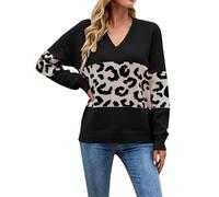 DUHGBNE Ladies Longline Winter Jumpers Women's Autumn and Winter New V Neck Personalized Fashionable Patchwork Leopard Print Knit Shoulder Sweater Pullover Fluffy Jumpers Black