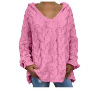 DUHGBNE Ladies Thin Winter Jumpers with Long Sleeves Women's Oversized Chunky Cable Knit Pullover Sweaters V Neck Long Sleeve Loose Retro Soft Jumper Women Pink