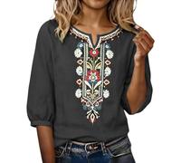 DUHGBNE Ladies Tops Cotton Linen Boho Tops for Women Plus Size 3/4 Sleeve V Neck Embroidered T-Shirts Fashion Elegant Ladies Tshirts Casual Crop for Women