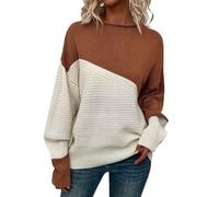 DUHGBNE Ladies v Neck Cotton Jumper Women's 2025 Spring and Autumn Knitted Sweater Spliced Contrast Color Pullover Round Neck Versatile Top 3xlt Slim Sweater Ladies Tops Long Sleeve Brown