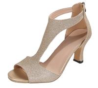 DUHGBNE Sandals for Women Heels Sexy Casual Open Toe Sandals Convenient Back Zipper Mid Heel Sandal Fashion Rubber Ladies Shoes for Shopping Party (UK Size 3.5-7.5) (Gold, 6.5)