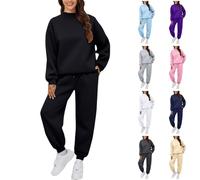 DUHGBNE Tracksuit Womens Full Set Loose Fit Long Sleeve Sweatshirt Elastic Waist Sport Leg Sweatpants Solid Color 2 Piece Co Ord Sets Y2k Lounge Wear