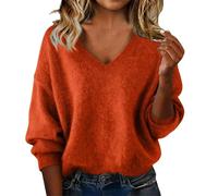 DUHGBNE Woman Jumper European and American Solid Color Loose Ladies Sweater Spring and Autumn One Word Shoulder Exposed Shoulder Hood Sweater Ladies Woolen Jumpers Orange