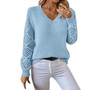 DUHGBNE Woman Jumper Women's Spring and Autumn Winter New Knitted Sweater V Neck Hollow Long Sleeve Solid Color Casual Sweater and for Off The Shoulder Jumper Sky Blue