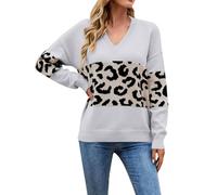 DUHGBNE Women’s Jumpers Women's Autumn and Winter New V Neck Personalized Fashionable Patchwork Leopard Print Knit Shoulder Sweater Pullover Ladies Thin Jumpers Grey