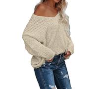 DUHGBNE Women’s Jumpers Women's Off The Shoulder Sweater Loose Lightweight Pullover Top V Neck Hollow Knitted Long Sleeved Solid Color Autumn Knitwear Women Beige