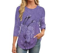 DUHGBNE Womens Long Sleeve Tops Women's Fashionable Casual Patchwork Printed Round Neck Pleated Three Quarter Sleeve Top T Shirt Long Shirt Plain Green Blouse Tops for Women UK