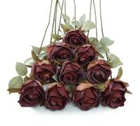 DuHouse 10pcs Artificial Rose Flowers Fake Silk Rose Bouquet(Burgundy)