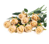 DuHouse 10pcs Artificial Rose Flowers Fake Silk Rose Bouquet(Champagne)