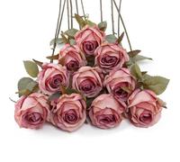 DuHouse 10pcs Artificial Rose Flowers Fake Silk Rose Bouquet(Dusky Pink)