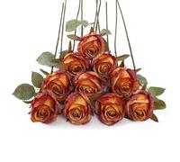 DuHouse 10pcs Artificial Rose Flowers Fake Silk Rose Bouquet(Sunset Orange)