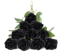 DuHouse 10Pcs Artificial Roses Fake Silk Flowers Faux Roses(Black)