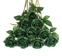 DuHouse 10Pcs Artificial Roses Fake Silk Flowers Faux Roses(Dark Green)