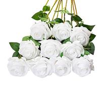 DuHouse 10Pcs Artificial Roses Fake Silk Flowers Faux Roses(Pure White)