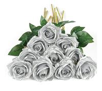 DuHouse 10Pcs Artificial Roses Fake Silk Flowers Realistic Bridal Bouquets with Single Long Plastic Stems for Arrangement Wedding Table Centerpiece Party Home Decor(Silver)