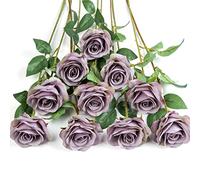 DuHouse 10Pcs Artificial Roses Fake Silk Flowers Realistic Bridal Bouquets with Single Long Plastic Stems for Arrangement Wedding Table Centerpiece Party Home Decor(Fall Purple)