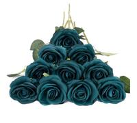 DuHouse 10Pcs Artificial Roses Fake Silk Flowers Realistic Bridal Bouquets with Single Long Plastic Stems for Arrangement Wedding Table Centerpiece Party Home Decor(Peacock Blue)