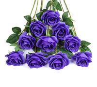 DuHouse 10Pcs Artificial Roses Fake Silk Flowers Realistic Bridal Bouquets with Single Long Plastic Stems for Arrangement Wedding Table Centerpiece Party Home Decor(10pcs Blossom Rose,Purple)