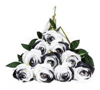 DuHouse 10Pcs Artificial Roses Fake Silk Flowers Realistic Bridal Bouquets with Single Long Plastic Stems for Arrangement Wedding Table Centerpiece Party Home Decor(Black White)