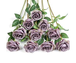 DuHouse 10Pcs Artificial Roses Fake Silk Flowers Realistic Bridal Bouquets with Single Long Plastic Stems for Arrangement Wedding Table Centerpiece Party Home Decor(Fall Purple)