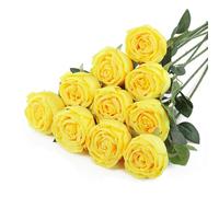 DuHouse 10pcs Fake Roses Artificial Silk Flowers Flower Long Stems Bouquet for Arrangement Wedding Centerpiece Party Home Kitchen Decor(Yellow)